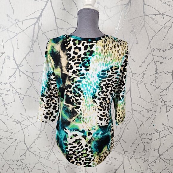 FDJ Abstract Artsy Leopard Print Stretch Knit Round Neck Top - Picture 3 of 5